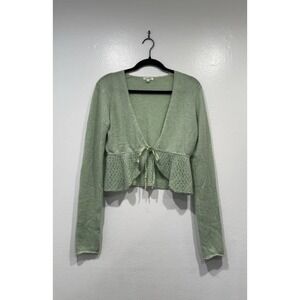 GENERA Green Crochet Cashmere Long Sleeve Cardigan Sweater Cottage Medium READ